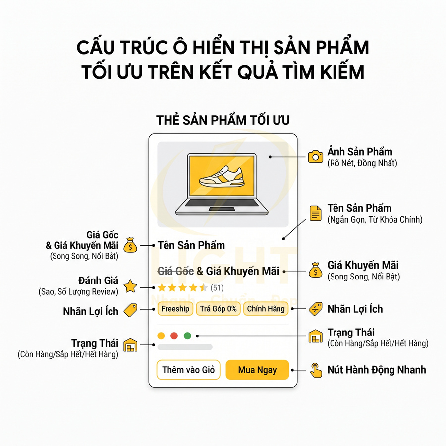 Cấu trúc thẻ sản phẩm tối ưu trên kết quả tìm kiếm với hình ảnh giày thể thao trên màn hình laptop