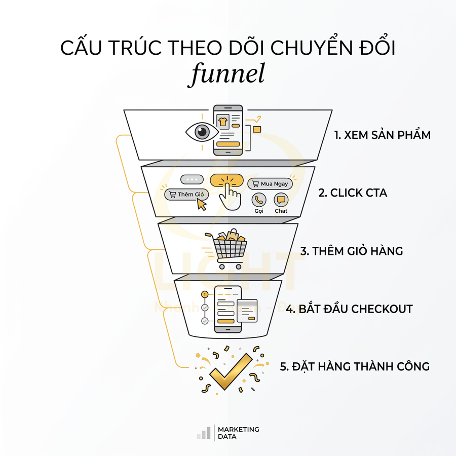 Mô hình phễu theo dõi chuyển đổi marketing với 5 bước từ xem sản phẩm đến đặt hàng thành công