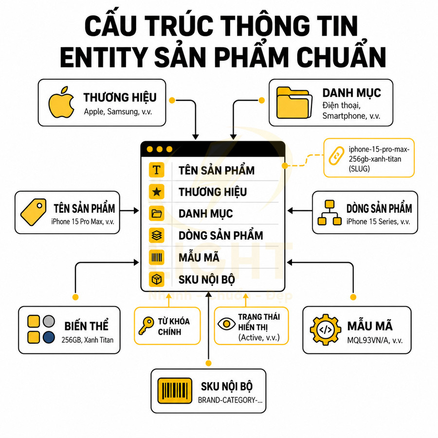 Sơ đồ cấu trúc thông tin entity sản phẩm chuẩn cho iPhone 15 Pro Max và biến thể SKU nội bộ