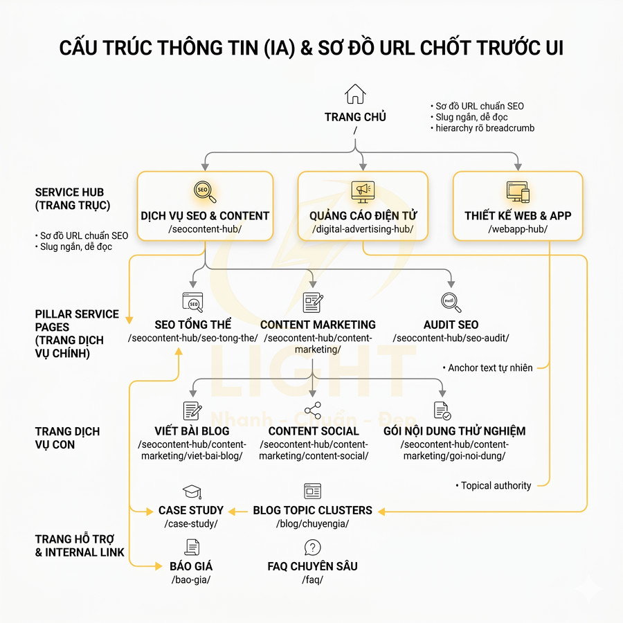 Sơ đồ cấu trúc thông tin IA và URL chuẩn SEO cho website dịch vụ SEO, content, quảng cáo, thiết kế web và app