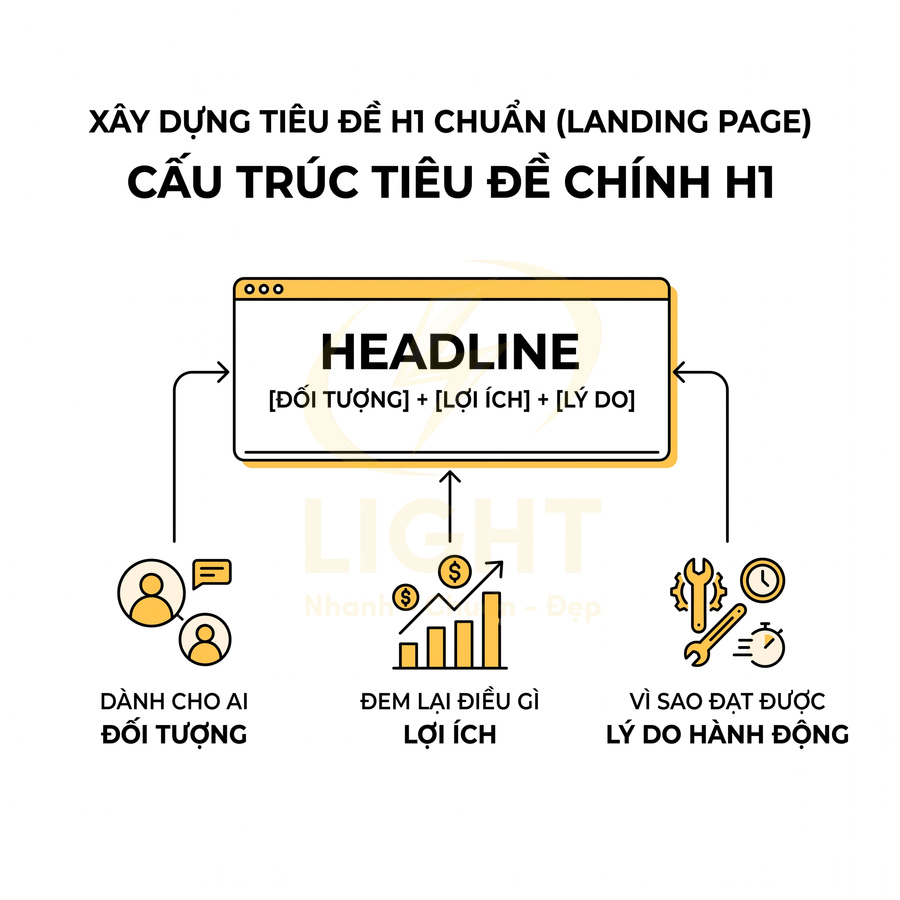 Cấu trúc tiêu đề H1 chuẩn cho landing page với headline gồm đối tượng lợi ích và lý do hành động