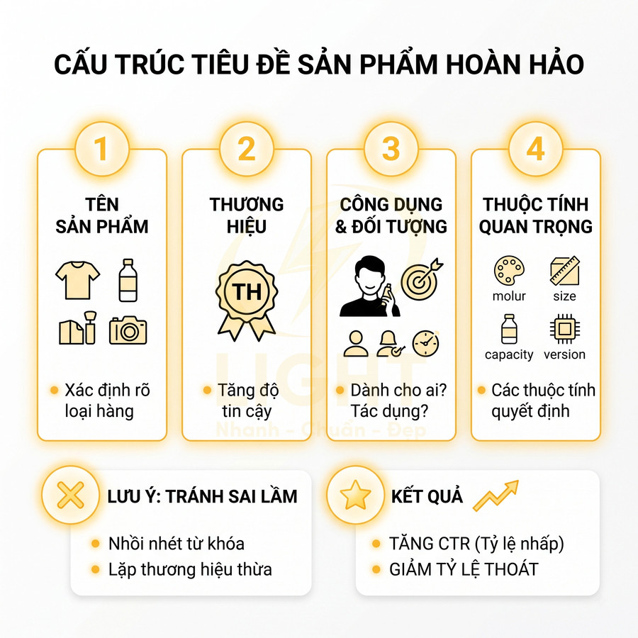 Cấu trúc tiêu đề sản phẩm hoàn hảo với tên sản phẩm, thương hiệu, công dụng, đối tượng và thuộc tính quan trọng