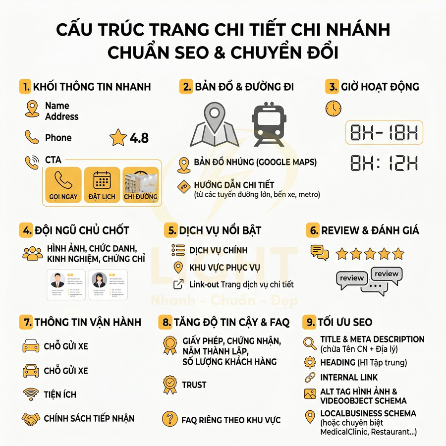 Cấu trúc trang chi tiết chi nhánh chuẩn SEO với các mục thông tin, bản đồ, giờ mở cửa, dịch vụ và đánh giá
