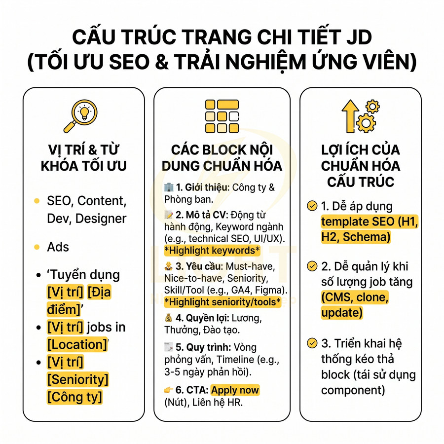 Cấu trúc trang chi tiết JD tối ưu SEO với các block nội dung chuẩn hóa và lợi ích cho nhà tuyển dụng