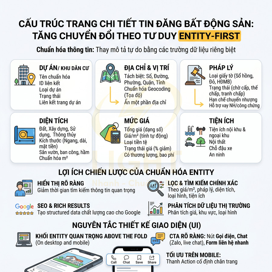 Infographic cấu trúc trang chi tiết tin đăng bất động sản chuẩn hóa entity tăng chuyển đổi