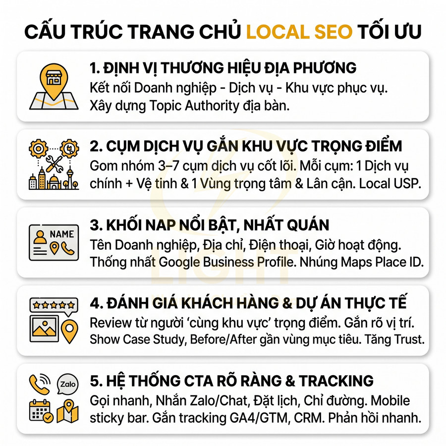 Cấu trúc trang chủ Local SEO tối ưu với 5 mục: định vị thương hiệu, cụm dịch vụ, khối NAP, đánh giá, CTA và tracking