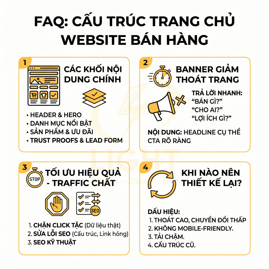Infographic hướng dẫn cấu trúc trang chủ website bán hàng với 4 mục tối ưu nội dung, banner, traffic và thời điểm thiết kế lại