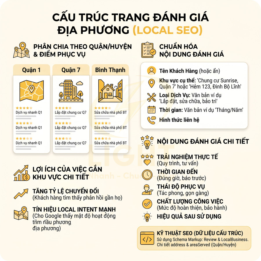 Infographic cấu trúc trang đánh giá địa phương Local SEO với lợi ích, nội dung đánh giá chi tiết và kỹ thuật tối ưu SEO