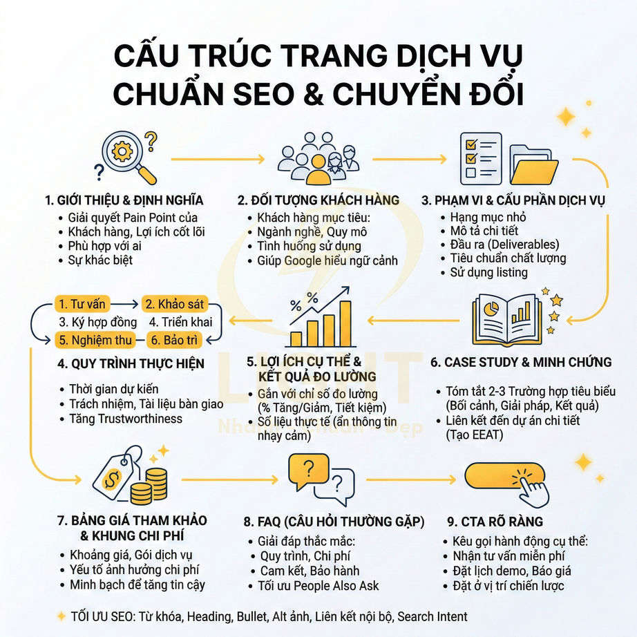 Cấu trúc trang dịch vụ chuẩn SEO và chuyển đổi với 9 mục nội dung minh họa chi tiết bằng icon màu vàng