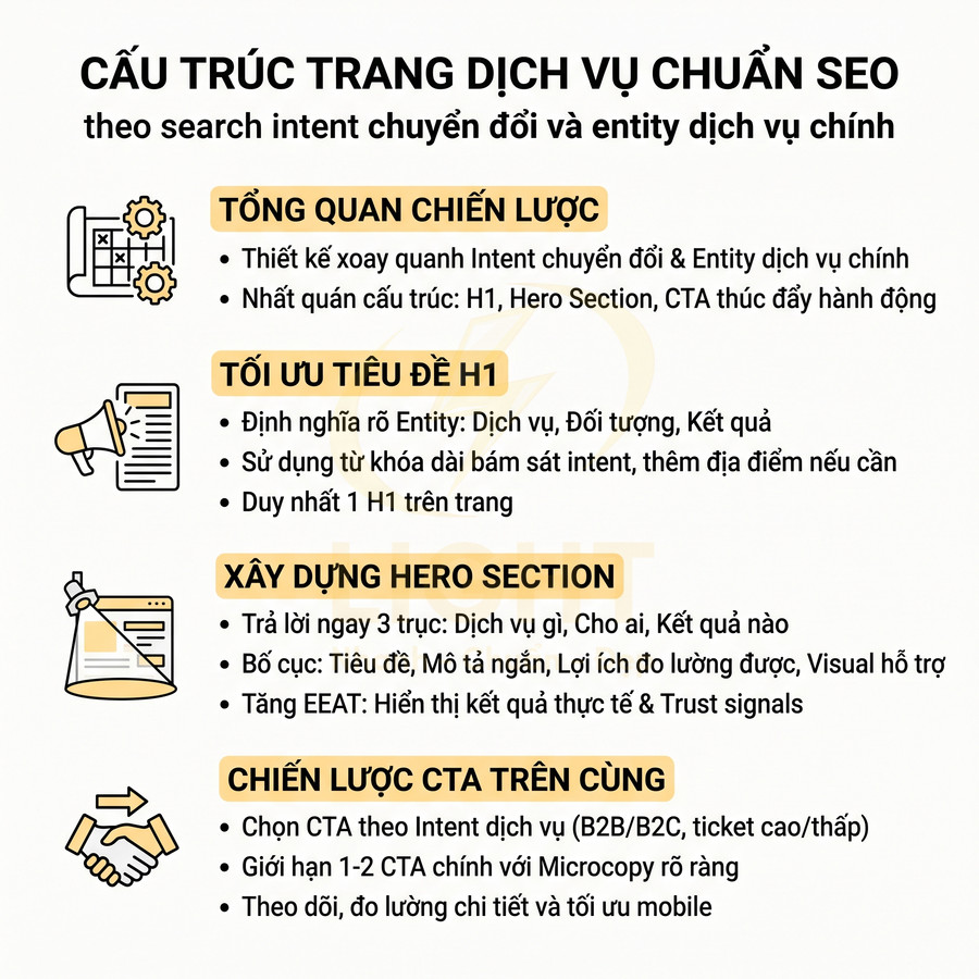 Cấu trúc trang dịch vụ chuẩn SEO với chiến lược H1, hero section và CTA tối ưu theo search intent chuyển đổi