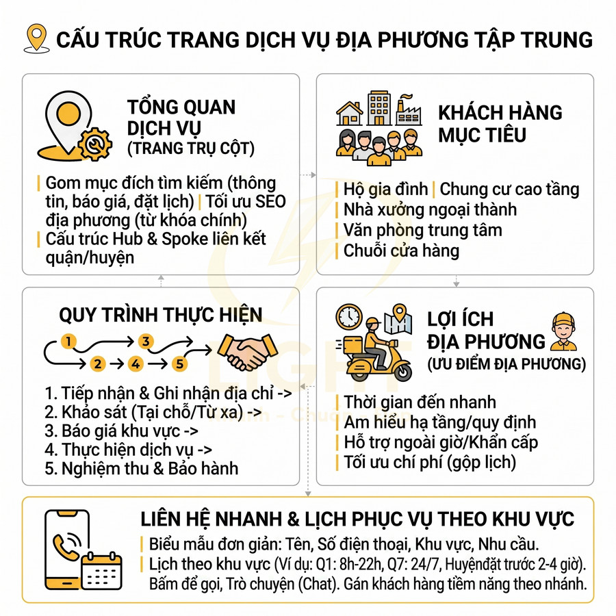 Cấu trúc trang dịch vụ địa phương tập trung với tổng quan dịch vụ, khách hàng mục tiêu, quy trình, lợi ích và liên hệ nhanh