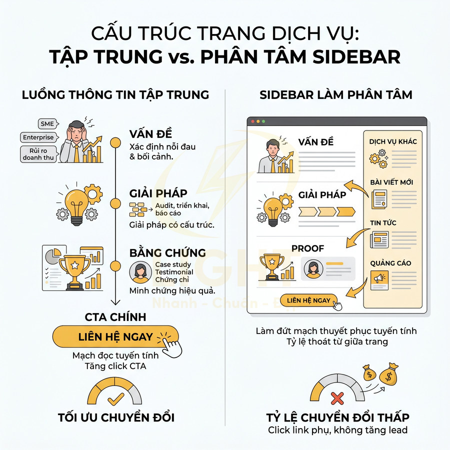 Infographic so sánh cấu trúc trang dịch vụ tập trung và có sidebar, nhấn mạnh CTA Liên hệ ngay và tối ưu chuyển đổi