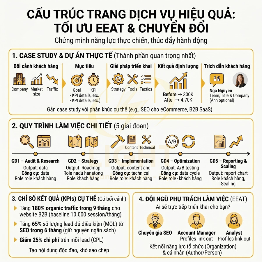 Infographic cấu trúc trang dịch vụ tối ưu SEO E-E-A-T, quy trình làm việc, case study và chỉ số KPI chuyển đổi