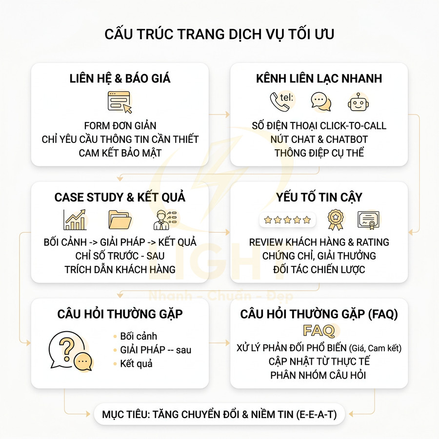 Cấu trúc trang dịch vụ tối ưu với các mục liên hệ, báo giá, case study, yếu tố tin cậy và câu hỏi thường gặp