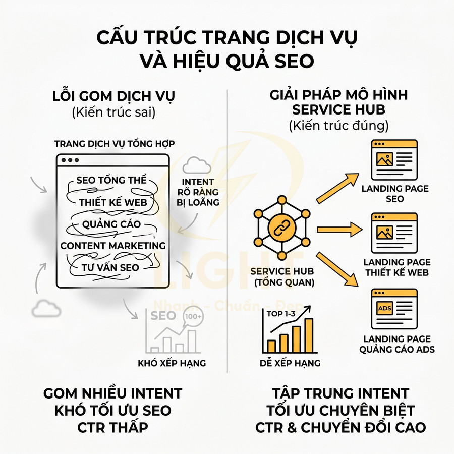 Mô hình cấu trúc trang dịch vụ Service Hub tối ưu SEO so sánh với lỗi gom nhiều dịch vụ trên một trang