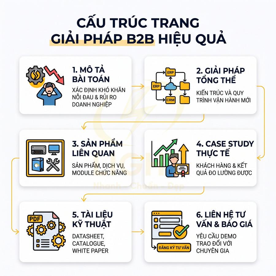 Cấu trúc trang giải pháp B2B hiệu quả với 6 bước từ mô tả bài toán đến liên hệ tư vấn báo giá