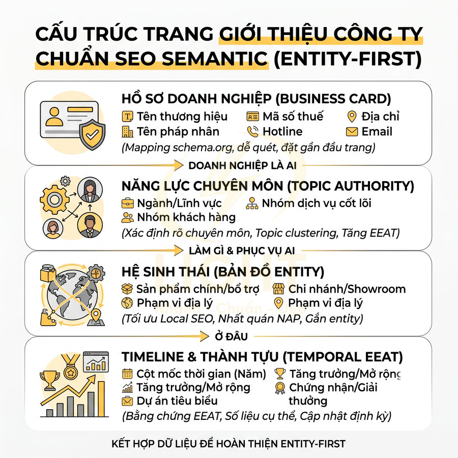 Cấu trúc trang giới thiệu công ty chuẩn SEO semantic với hồ sơ doanh nghiệp, năng lực, hệ sinh thái và timeline thành tựu