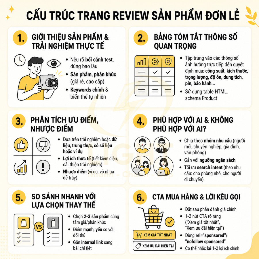 Cấu trúc trang review sản phẩm đơn lẻ với 6 bước giới thiệu, phân tích, so sánh và kêu gọi mua hàng