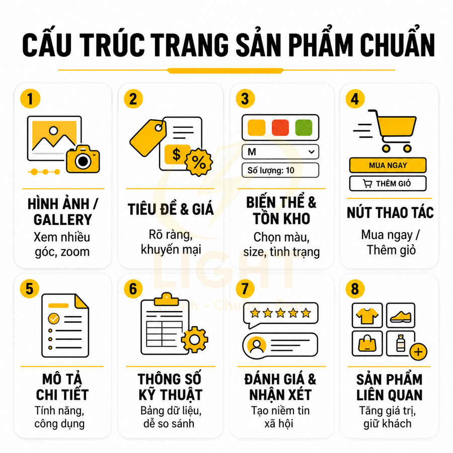 Cấu trúc trang sản phẩm chuẩn với 8 phần: hình ảnh, tiêu đề giá, biến thể, nút mua, mô tả, thông số, đánh giá, sản phẩm liên quan