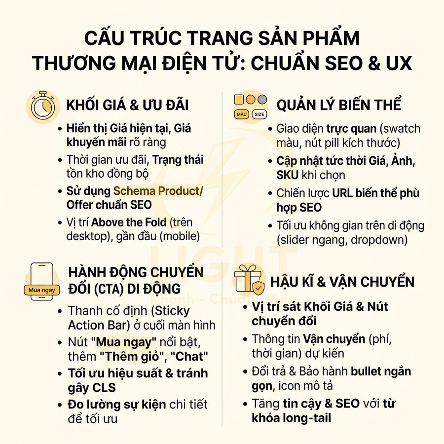 Cấu trúc trang sản phẩm thương mại điện tử chuẩn SEO và UX với các khối giá ưu đãi CTA biến thể và vận chuyển