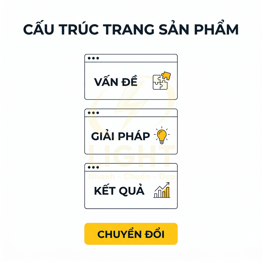 Cấu trúc trang sản phẩm với các bước Vấn đề Giải pháp Kết quả và nút kêu gọi hành động Chuyển đổi