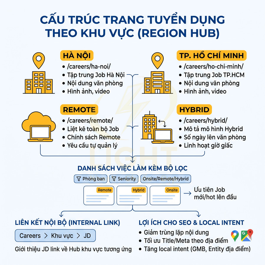 Sơ đồ cấu trúc trang tuyển dụng theo khu vực với các hub Hà Nội, TP.HCM, Remote và Hybrid