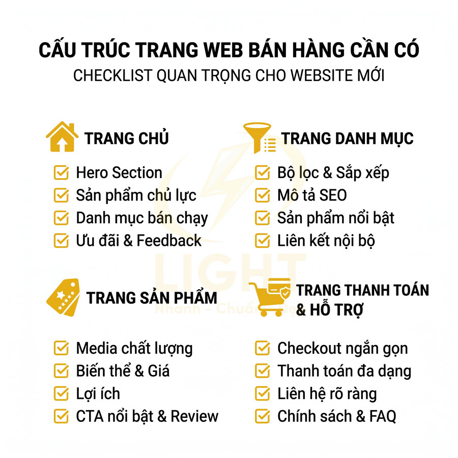 Checklist cấu trúc trang web bán hàng chuẩn với các mục trang chủ, danh mục, sản phẩm, thanh toán và hỗ trợ
