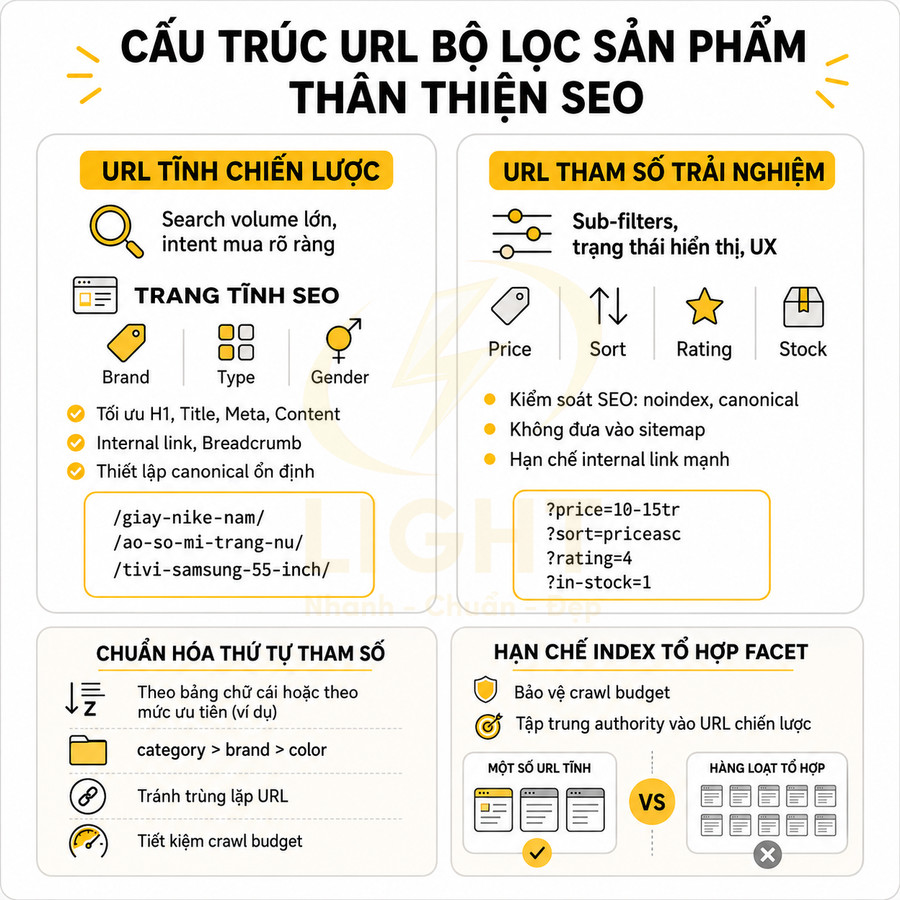 Cấu trúc URL bộ lọc sản phẩm thân thiện SEO với ví dụ URL chiến lược và tham số lọc