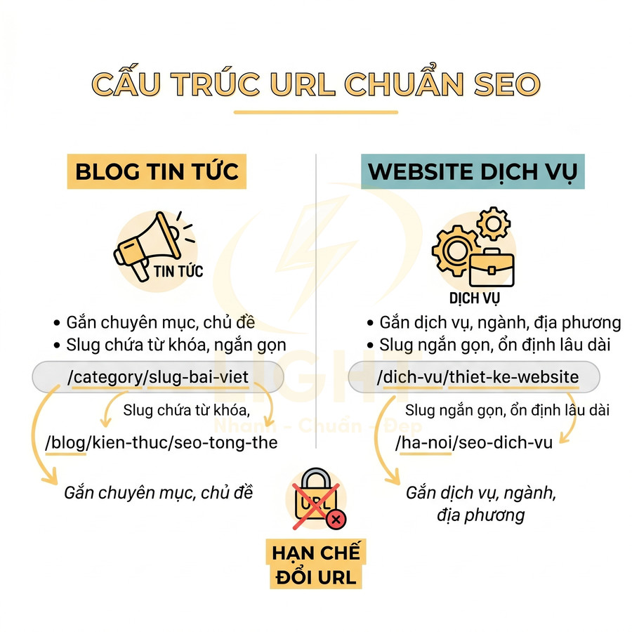 Hướng dẫn cấu trúc URL chuẩn SEO cho blog tin tức và website dịch vụ bằng ví dụ slug ngắn gọn