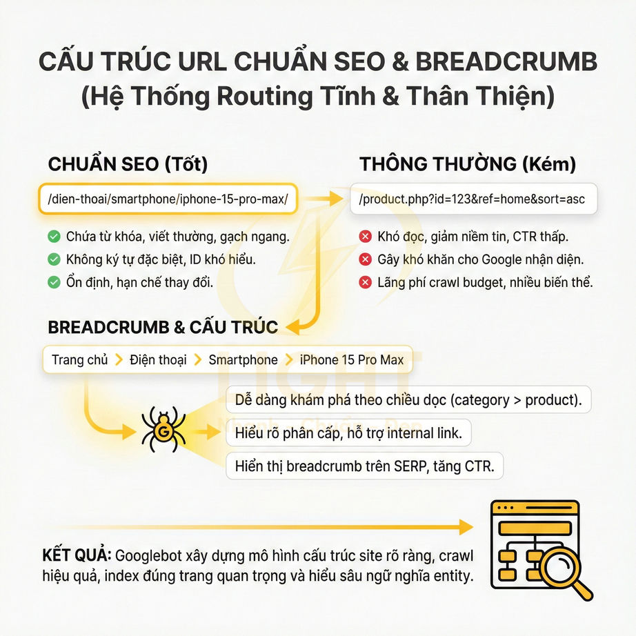 Minh họa cấu trúc URL chuẩn SEO và breadcrumb cho trang sản phẩm iPhone 15 Pro Max
