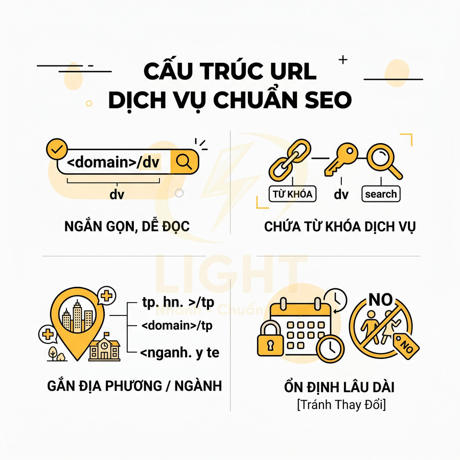 Hướng dẫn cấu trúc URL dịch vụ chuẩn SEO với ví dụ ngắn gọn, chứa từ khóa, địa phương và ổn định lâu dài
