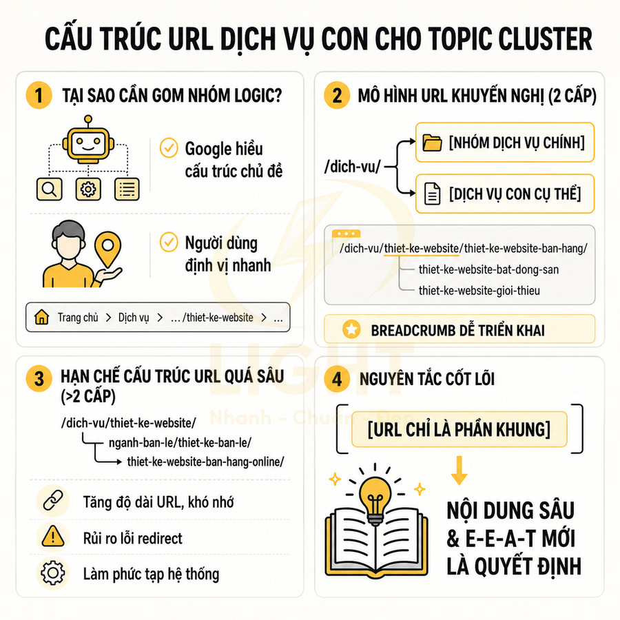 Infographic hướng dẫn cấu trúc URL dịch vụ con cho topic cluster trong SEO với ví dụ và nguyên tắc triển khai