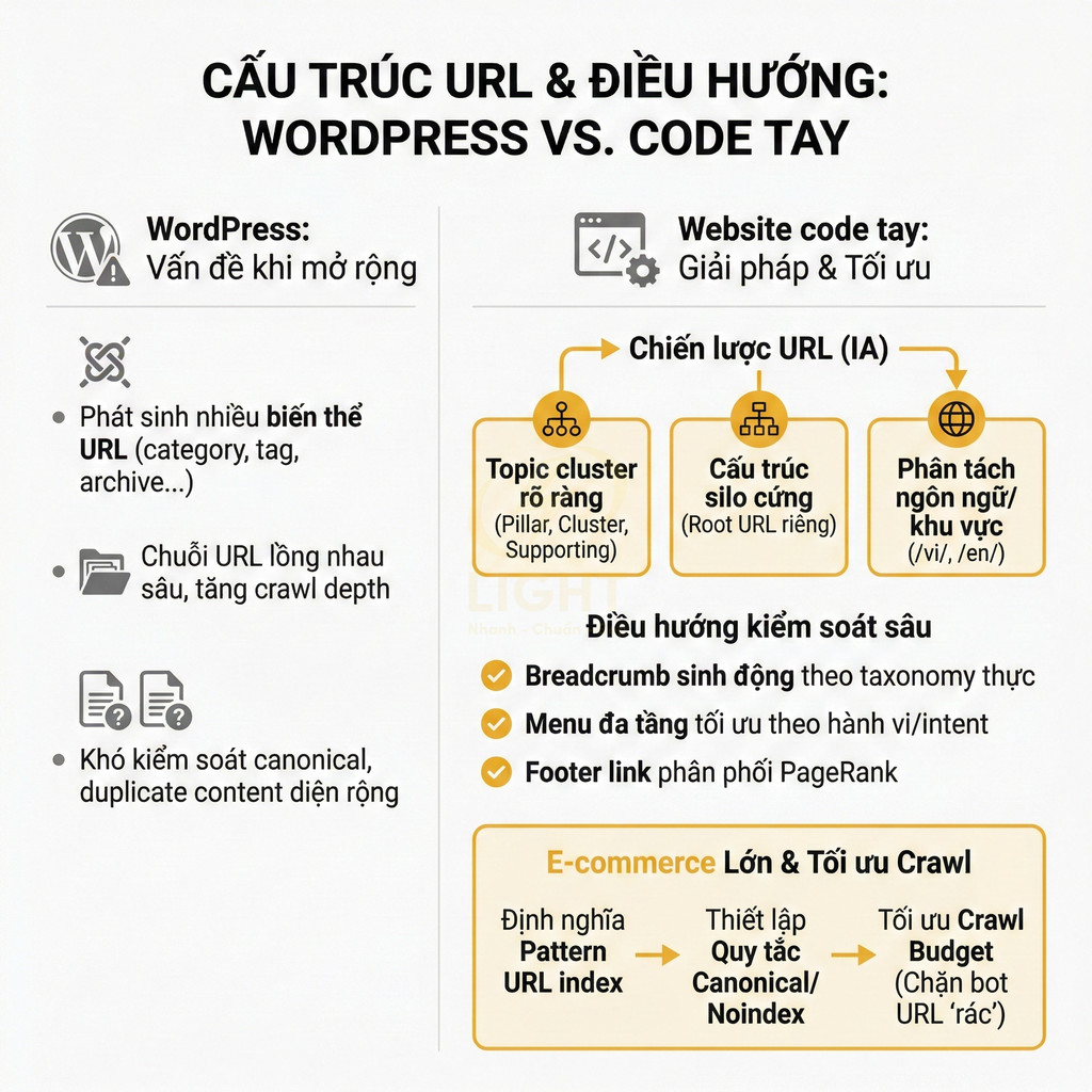 So sánh cấu trúc URL và điều hướng SEO giữa website WordPress và website code tay tối ưu crawl