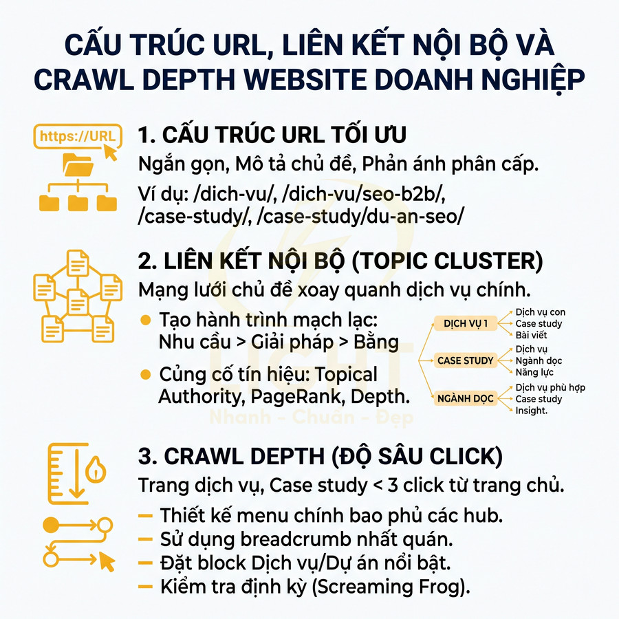 Infographic hướng dẫn cấu trúc URL, liên kết nội bộ và crawl depth tối ưu SEO cho website doanh nghiệp