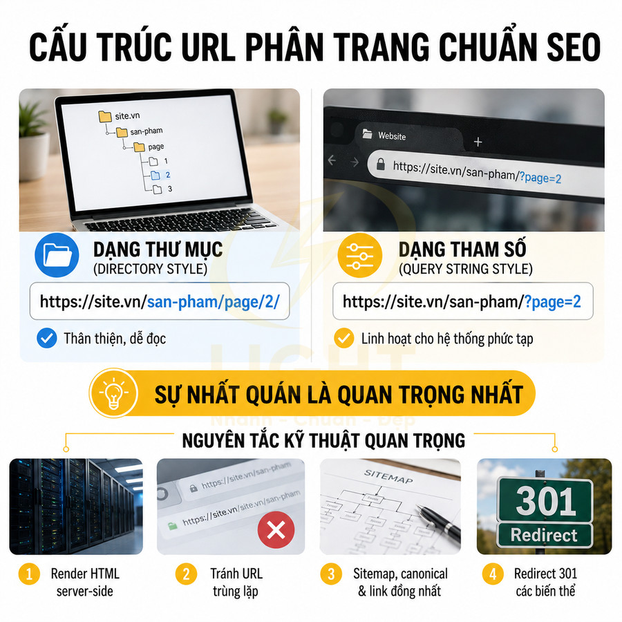 Hướng dẫn cấu trúc URL phân trang chuẩn SEO với dạng thư mục và dạng tham số, kèm các nguyên tắc kỹ thuật quan trọng