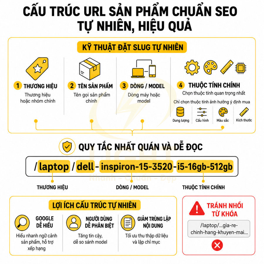 Hướng dẫn cấu trúc URL sản phẩm chuẩn SEO với ví dụ laptop Dell Inspiron và các thuộc tính chính