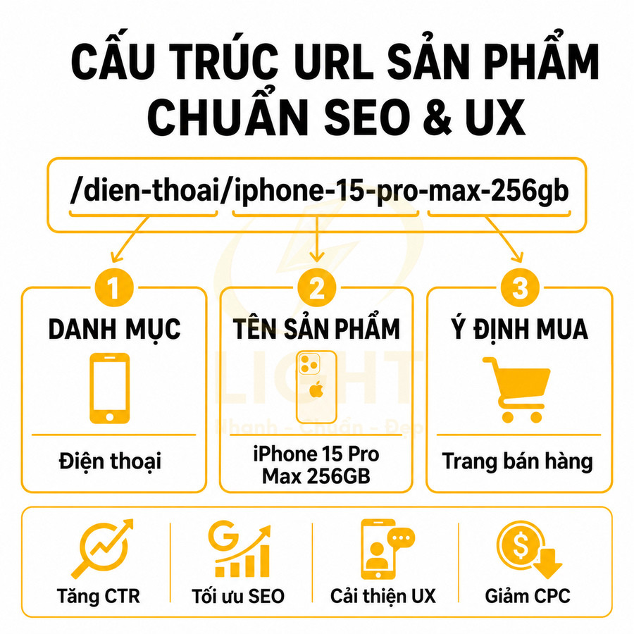 Hướng dẫn cấu trúc URL sản phẩm chuẩn SEO UX cho iPhone 15 Pro Max 256GB trong danh mục điện thoại