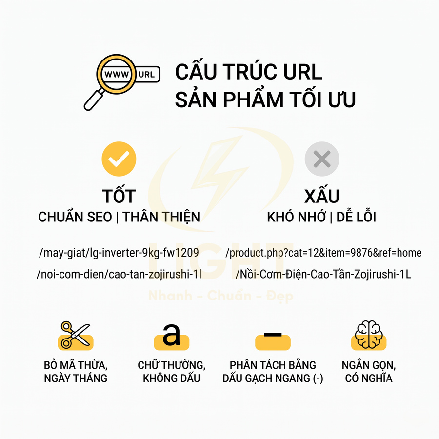 Hướng dẫn cấu trúc URL sản phẩm tối ưu cho SEO với ví dụ URL tốt và xấu, kèm nguyên tắc đặt URL ngắn gọn