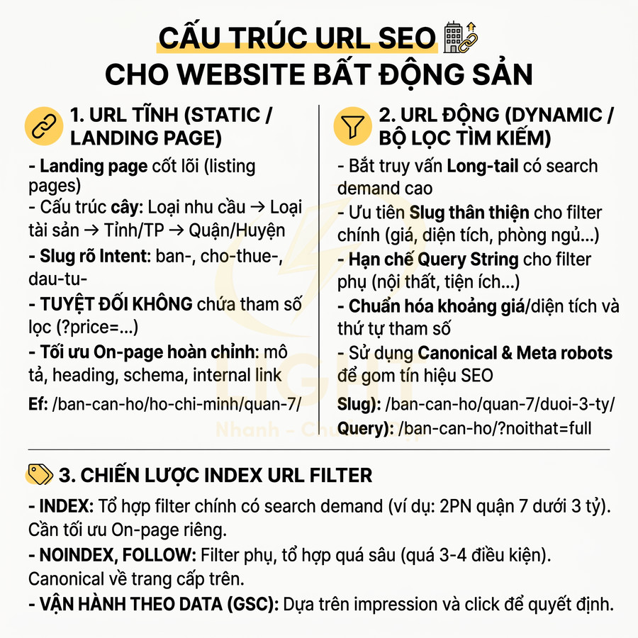 Cấu trúc URL SEO cho website bất động sản với hướng dẫn tối ưu URL tĩnh, URL động và chiến lược index filter