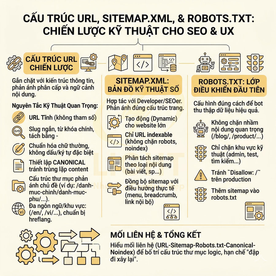 Infographic hướng dẫn cấu trúc URL, sitemap.xml và robots.txt tối ưu kỹ thuật SEO và trải nghiệm người dùng