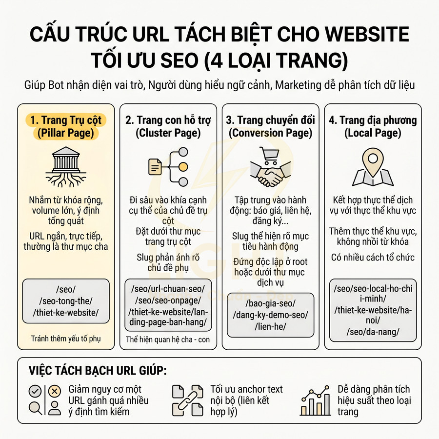 Cấu trúc URL tách biệt cho website với 4 loại trang tối ưu SEO và ví dụ slug cụ thể