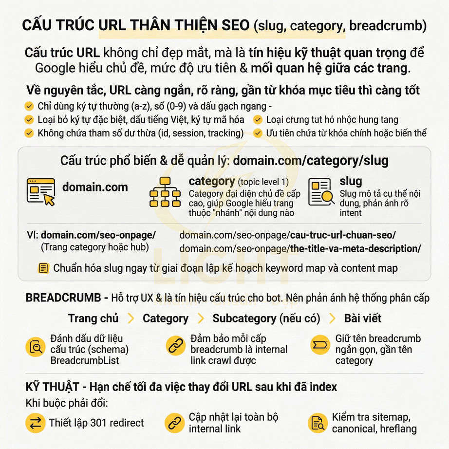 Hướng dẫn cấu trúc URL thân thiện SEO với ví dụ domain category slug và breadcrumb trang web