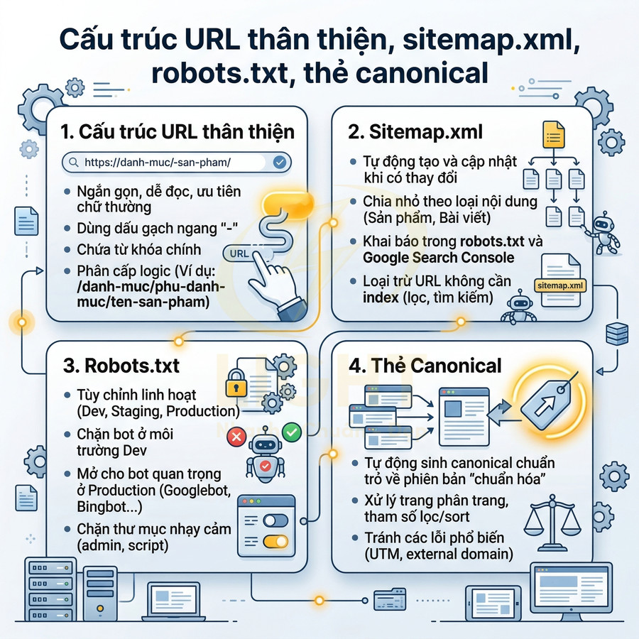 Infographic hướng dẫn cấu trúc URL thân thiện, sitemap.xml, robots.txt và thẻ canonical chuẩn SEO cho website