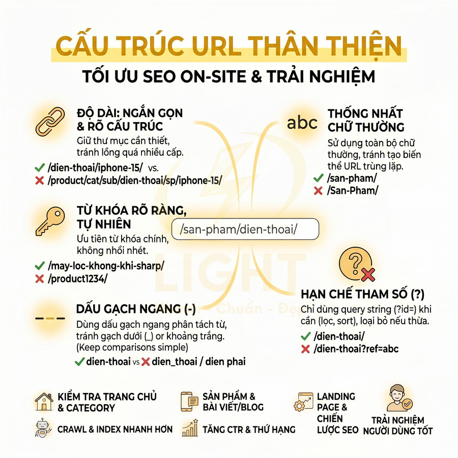 Hướng dẫn cấu trúc URL thân thiện chuẩn SEO onpage với ví dụ về độ dài, từ khóa, dấu gạch ngang và tham số URL