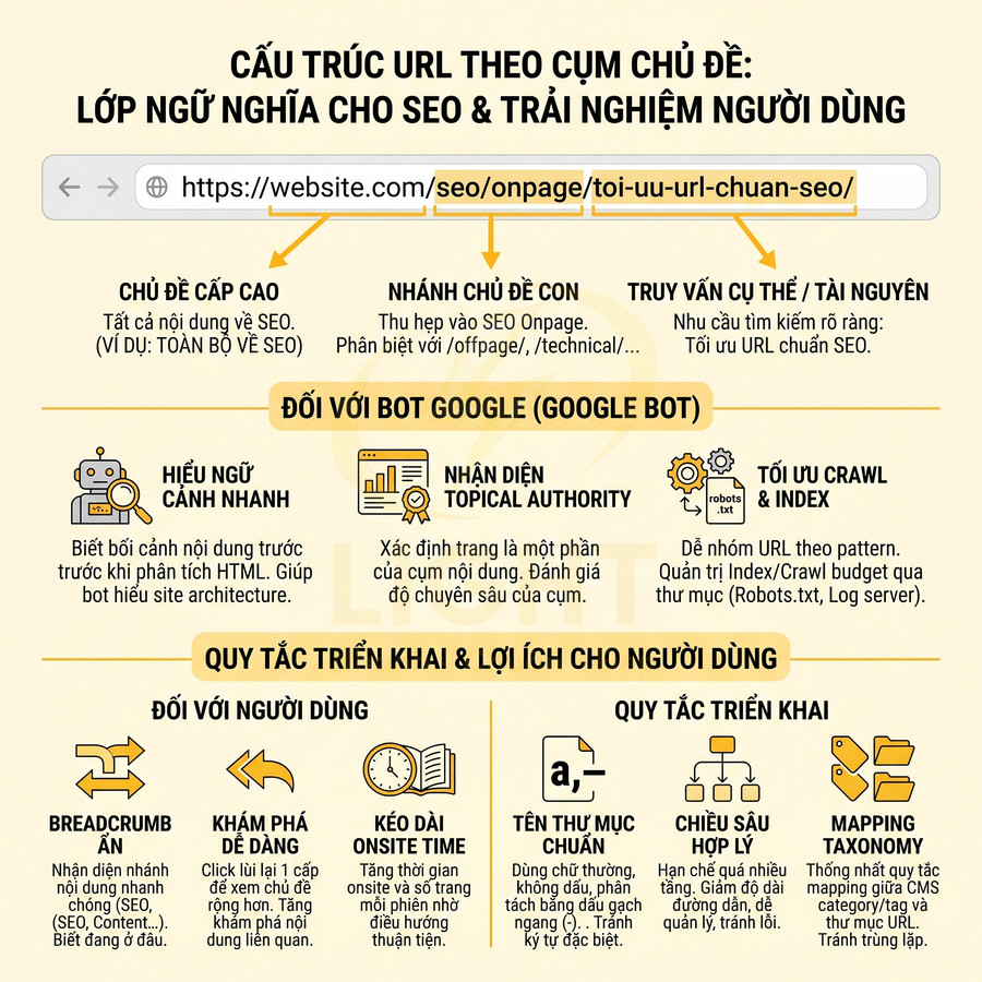 Infographic hướng dẫn cấu trúc URL theo cụm chủ đề để tối ưu SEO và trải nghiệm người dùng