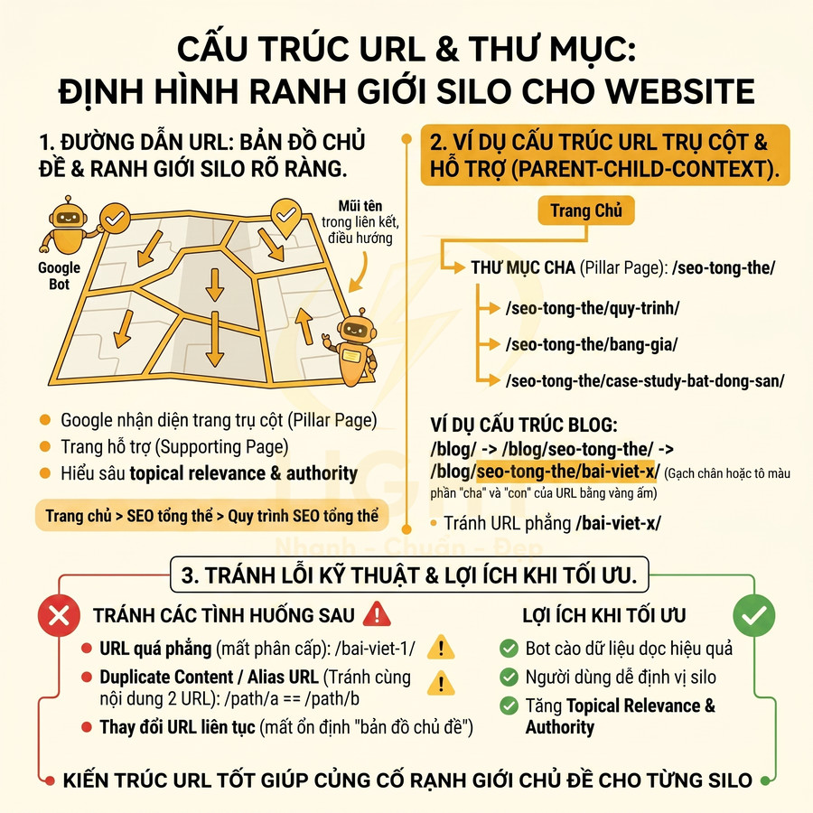 Infographic hướng dẫn cấu trúc URL và thư mục silo SEO cho website với ví dụ trang chủ và trang con