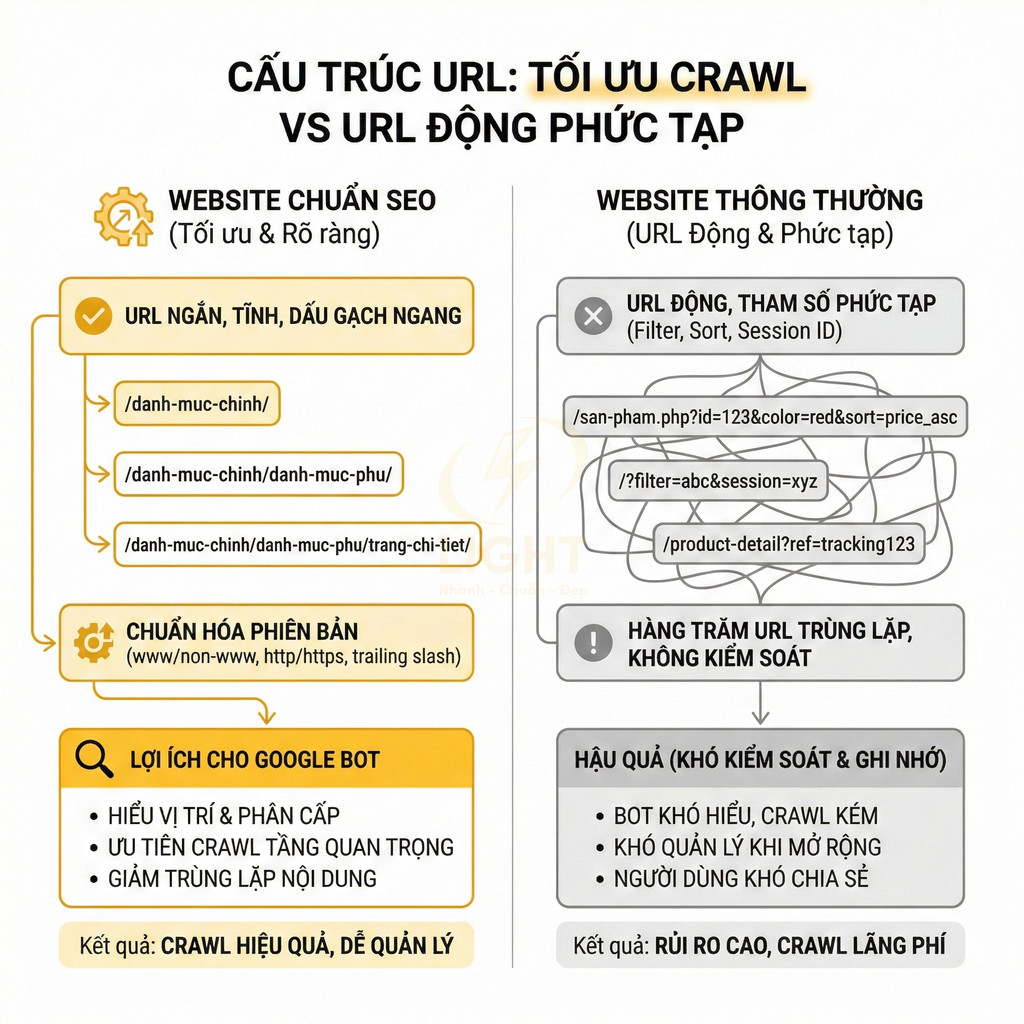 So sánh cấu trúc URL chuẩn SEO và URL động phức tạp, nêu lợi ích tối ưu crawl cho website