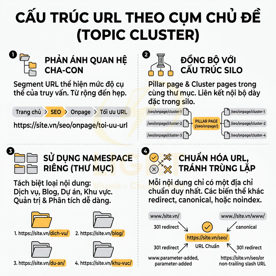Hướng dẫn cấu trúc URL theo cụm chủ đề topic cluster với ví dụ phân cấp thư mục và chuẩn hóa URL trong SEO