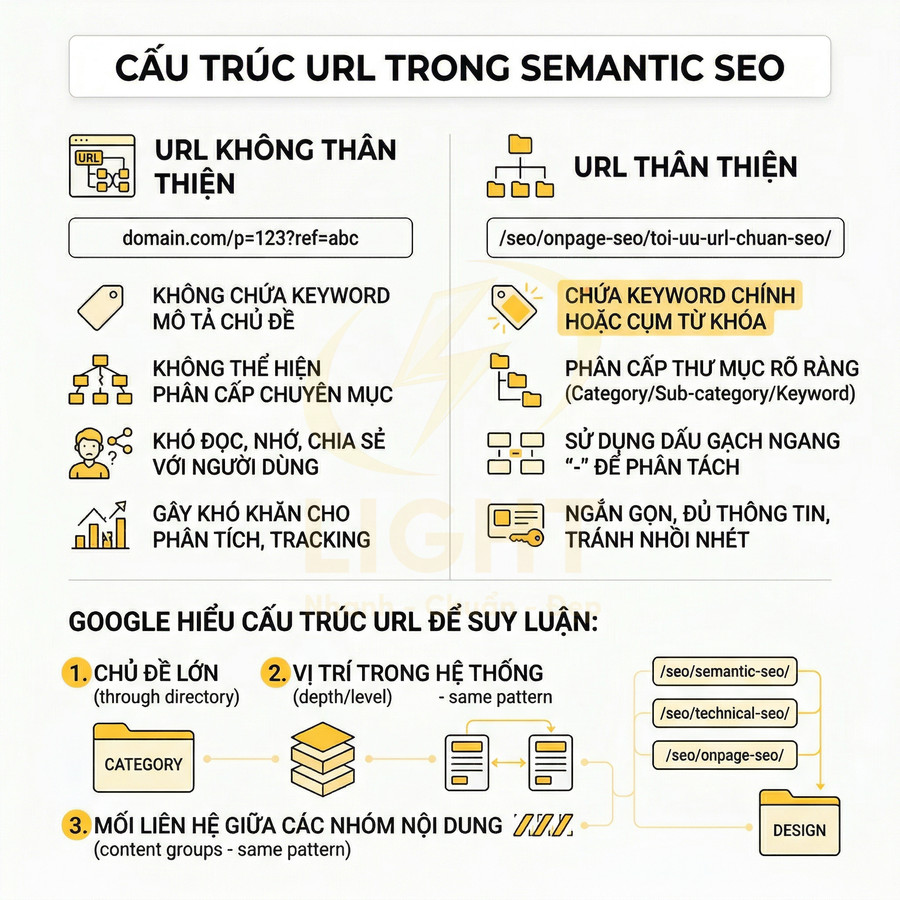 Cấu trúc URL thân thiện trong Semantic SEO, so sánh URL không thân thiện và cách tối ưu URL chuẩn SEO
