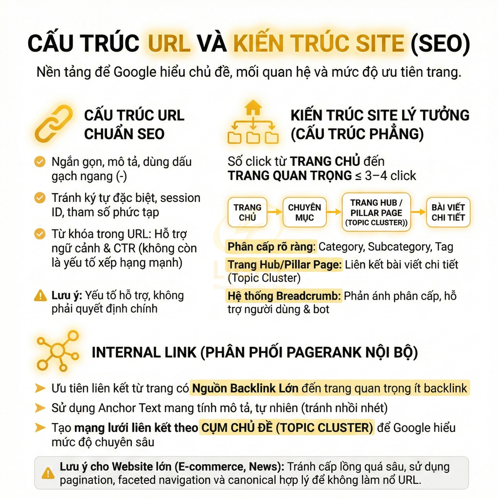 Infographic hướng dẫn cấu trúc URL chuẩn SEO, kiến trúc site phẳng và chiến lược internal link tối ưu cho website